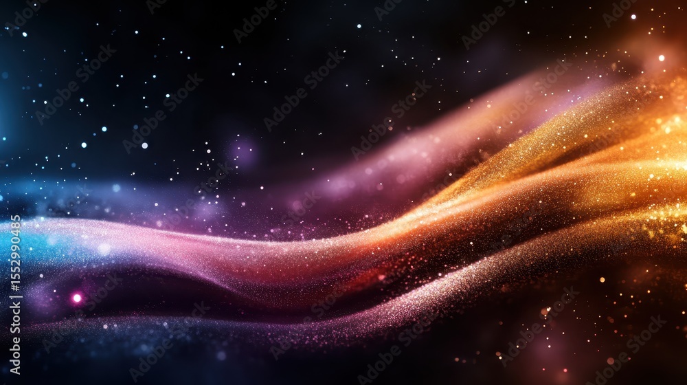 Poster a captivating abstract image displaying waves of sparkly light in a spectrum of cosmic colors, repre