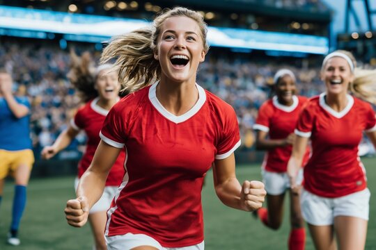 The moment of pure elation as a diverse women's soccer team, wearing minimalist red and white kits completely free of logos, celebrates a goal in a packed stadium.