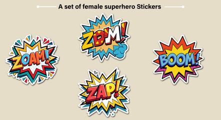 Colorful Comic Book Style Stickers with Action Words on a Light Beige Background