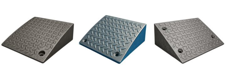 Set of slope curb ramp plates in gray and blue with chequered metal pattern on transparent background