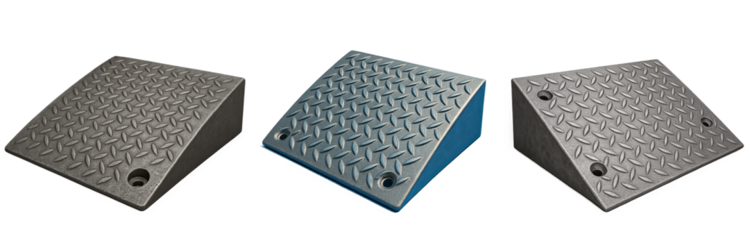 Set of slope curb ramp plates in gray and blue with chequered metal pattern on transparent background