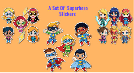 Collection of Diverse Cartoon Superhero Stickers with Bright Colors and Cute Chibi Style © Pixel Verses