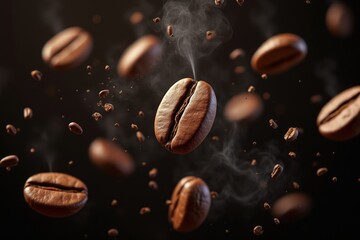 Aromatic Coffee Beans Floating in Dark Space Revealing Freshness and Richness of Flavor for Coffee Lovers