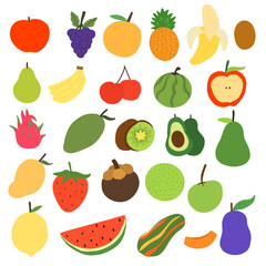 Collection of vector fruit icons features a range of Different fruits summer collection.fresh designs, including popular fruits like apples, bananas, strawberries, watermelons, and more.