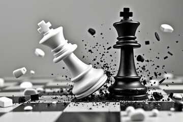 Chess Kings Confrontation on a Checkered Board with Debris and Dynamic Motion in a Dramatic Scene