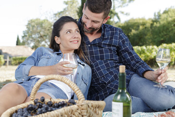 smiling couple drinking wine on picnic
