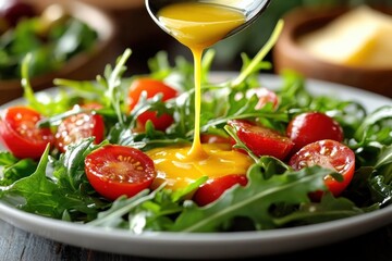 Fresh arugula and cherry tomatoes are topped with a vibrant yellow dressing being drizzled onto a healthy salad.
