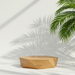 Geometric shape wood pedestal table podium with tropical palm tree with leave shadow on white background.
