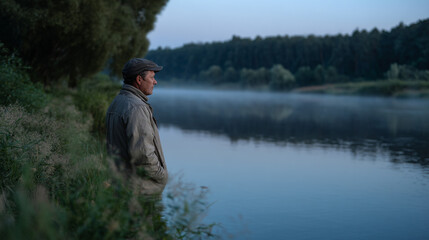 Man standing on the shore of lake.