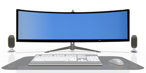 3d Curved Monitor mit Lautsprecherboxen,  Tastatur, Mouse und Mousepad als Homeoffice und Gamerplatz auf transparenten Hintergrund © i-picture