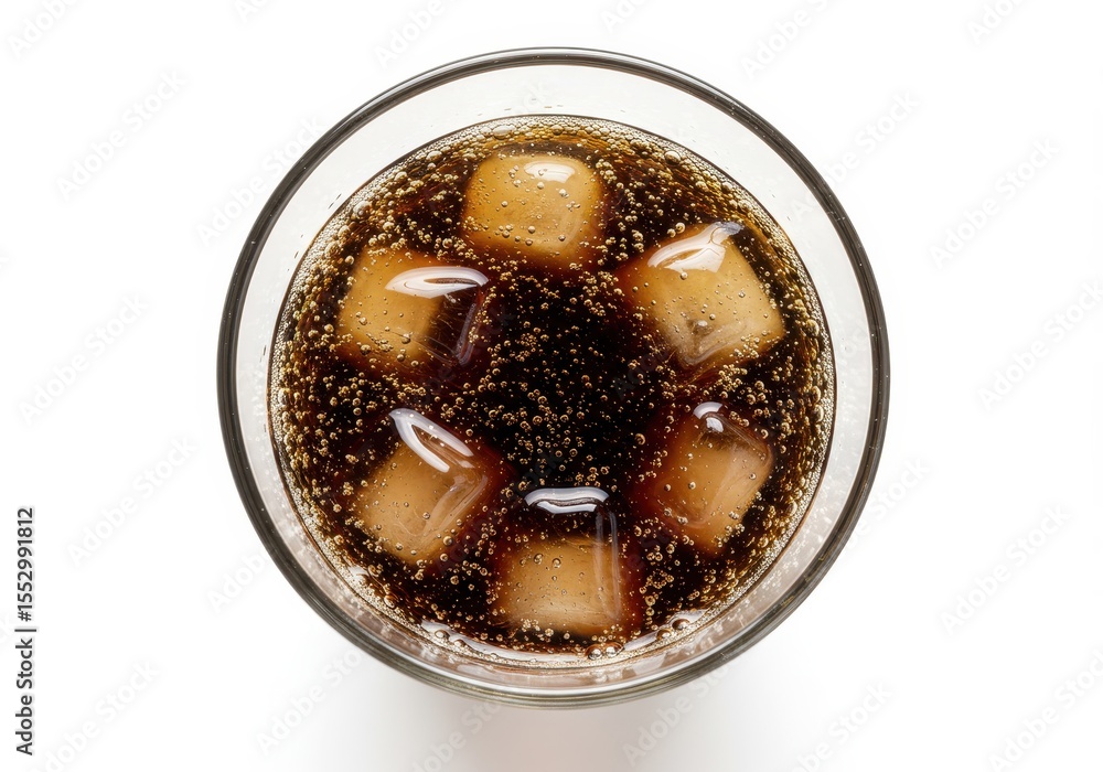 Poster overhead view of cola with ice cubes and bubbles in a clear glass on a white background