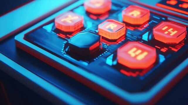 Neon lit computer keyboard with arrows and function keys.