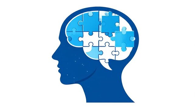 Profile view of a head, the brain depicted as a collection of jigsaw puzzle pieces in shades of blue, set against a white background