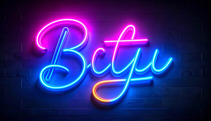 Btyu Neon Sign: A vivid neon sign glows against a dark brick wall, casting a vibrant light that combines modern flair with urban charm.