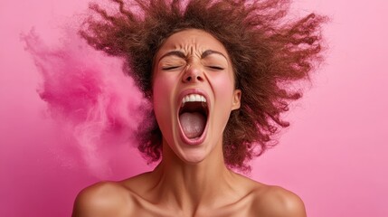 A powerful emotive portrait of a woman with curly hair screaming with raw passion against a pink backdrop, portraying the depth of human emotions and unfiltered expression.