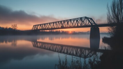 Silhouetted Bridge Reflecting in Calm Water at Sunrise with Misty Atmosphere