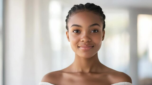 close up face young black African woman with no make up smiling peacefully at camera, beauty skincare portrait theme
