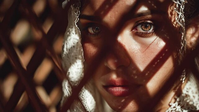 Bride behind lattice, soft light casting intricate shadows, evoking mystery and anticipation. A moment of beauty and tradition, reminiscent of timeless love stories.