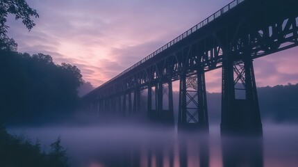 Dramatic Silhouette of a Long Bridge at Dawn with Misty Reflections