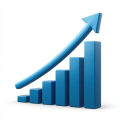 Blue 3d bar chart with upward arrow showing growth and progress isolated on white background
