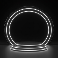Black Friday Sale Concept. Circle black podium, decoration with neon light white round design on dark background. Stage empty for decor for Product, Advertising. ai generated