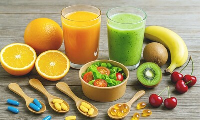 Healthy Fruits, Vitamins and Smoothies on Rustic Table