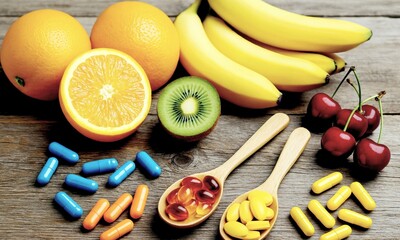 Healthy Fruits, Vitamins and Smoothies on Rustic Table