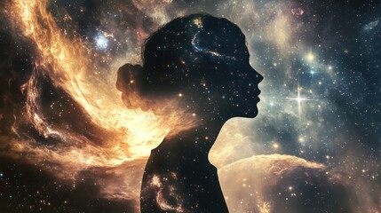 Silhouette of a Woman's Profile Filled with Cosmic Nebulae and Stars
