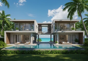 Luxury villa with pool and ocean view in tropical setting, connecting walkway between buildings