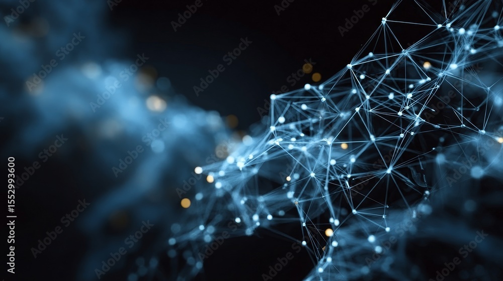 Poster abstract blue polygonal background with interconnected dots and lines representing digital networks.