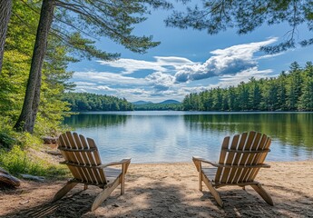 Lakeside serenity, two Adirondack chairs on sandy beach