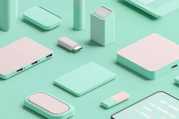 ミントカラーで統一されたモバイル周辺機器のモックアップ