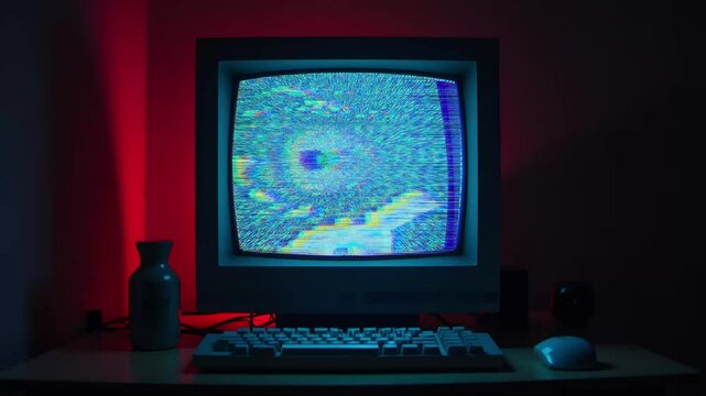 Vintage Monitor & Tech Nostalgia: The image encapsulates a sense of vintage technology with an old monitor, keyboard, mouse and bottle against a low light atmosphere. 
