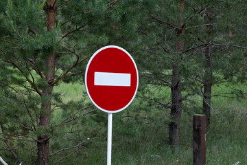 No entry sign on road in pine forest. Road sign.