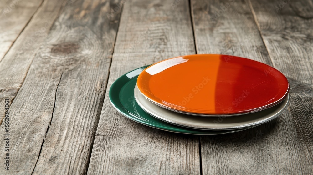 Poster a vibrant arrangement of colorful plates stacked together on a rustic wooden background, creating an