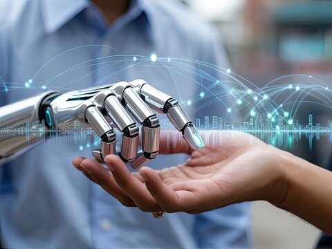 Artificial intelligence and human interaction concept featuring a robotic hand touching a human hand with futuristic cityscape projections