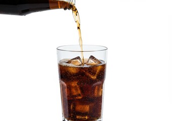 Pouring cola into a glass with ice cubes on a white background