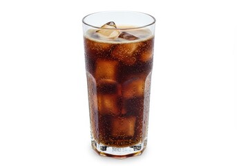 Refreshing cola drink with ice cubes in a tall glass on white background, condensation visible