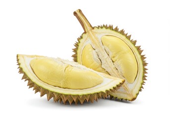 Cut durian fruit showing yellow flesh on a white background