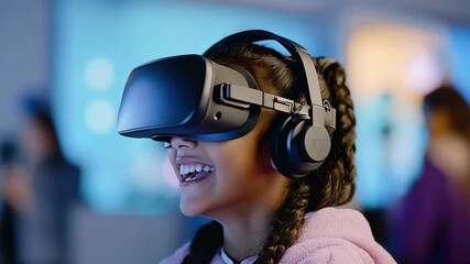 Smiling girl child and kid with braided hair wearing virtual reality VR headset and headphones, enjoying immersive digital technology and entertainment colorful indoor environment, female - Powered by Adobe
