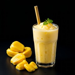 A refreshing sinh tố mít, jackfruit smoothie with condensed milk, in a frosty glass, on a black background. Jackfruit pieces and a bamboo straw 