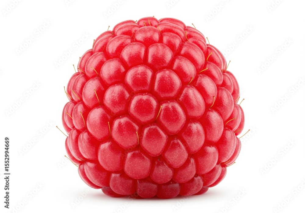 Poster close up of a ripe red raspberry on white showing texture and detail