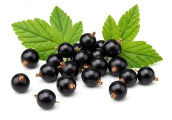 Fresh black currants with green leaves on a white background, close-up