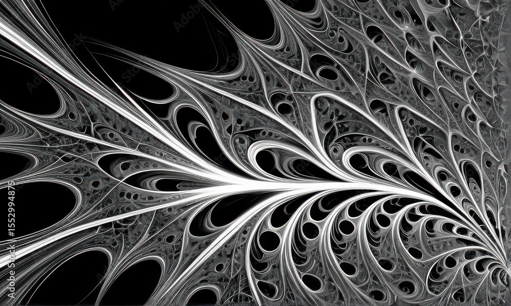 Poster abstract grayscale fractal art intricate organic patterns on black background