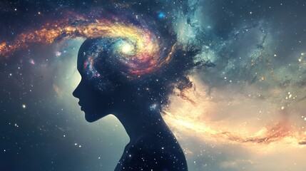 Silhouette of a Woman's Head Filled with a Vibrant Galaxy