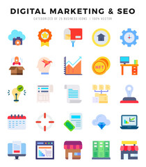 DIGITAL MARKETING & SEO Flat icons collection. 25 icon set in a Flat design.