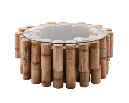 Bamboo coffee table glass top round rustic natural wood modern furniture isolated stylish eco friendly unique design home decor living room accent
