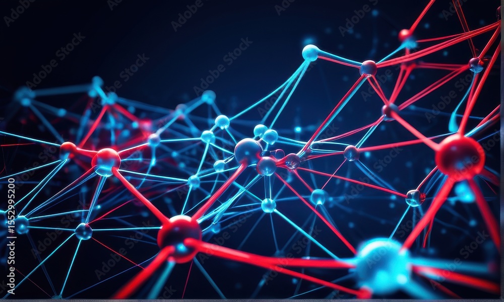 Poster abstract network glowing red and blue nodes connected by lines