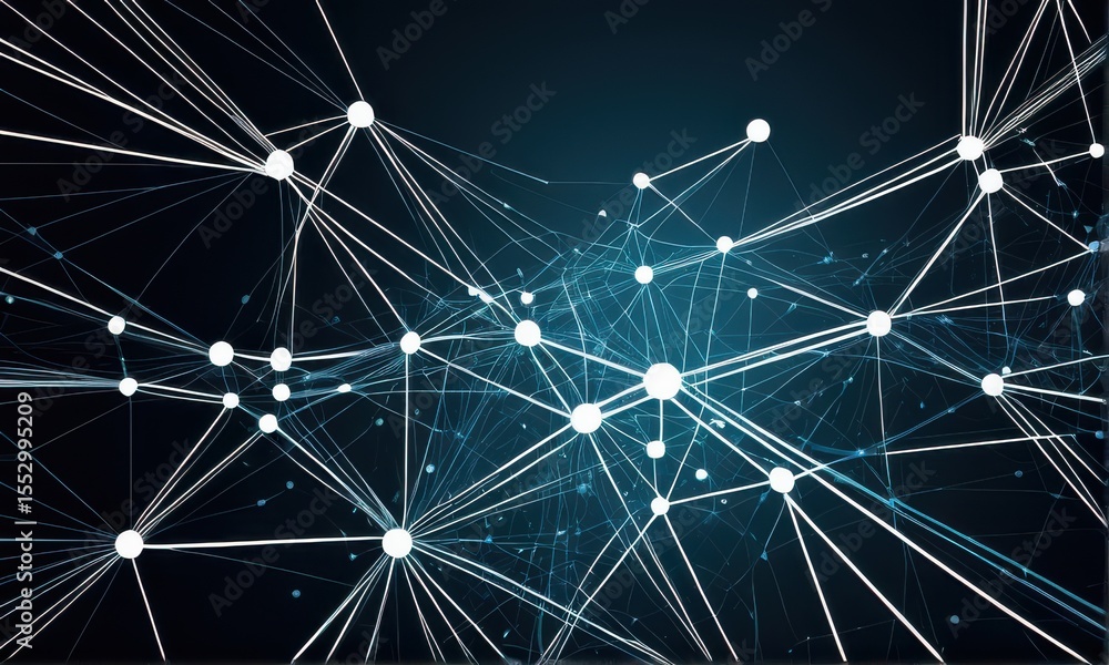 Poster abstract network visualization glowing white nodes and lines on dark teal background