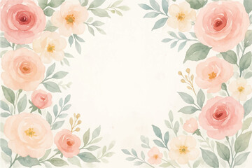 Vintage floral background with romantic pink roses, elegant frame, and decorative hearts for a wedding or Valentine's Day card design